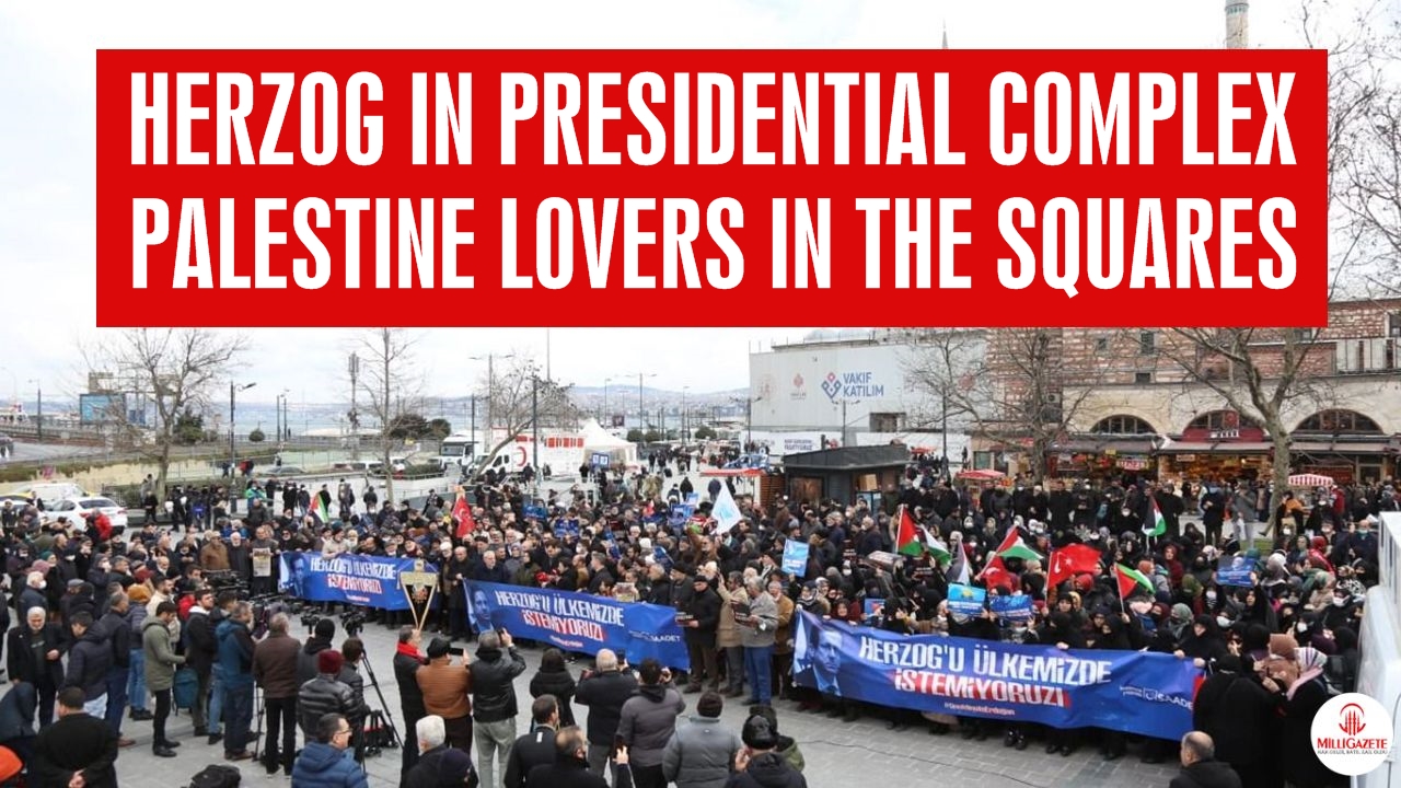 Herzog in Presidential Complex, Palestine lovers in the squares