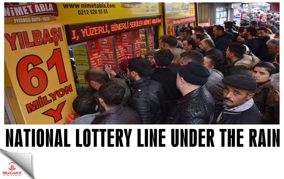 National Lottery line under the rain