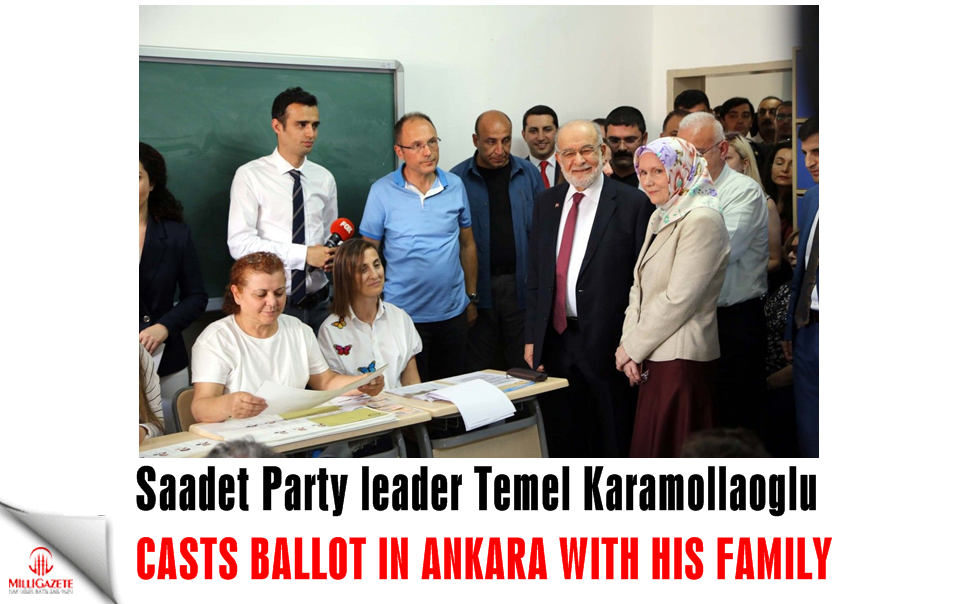 Saadet Party leader Temel Karamollaoglu gives message after casting ballot in Ankara