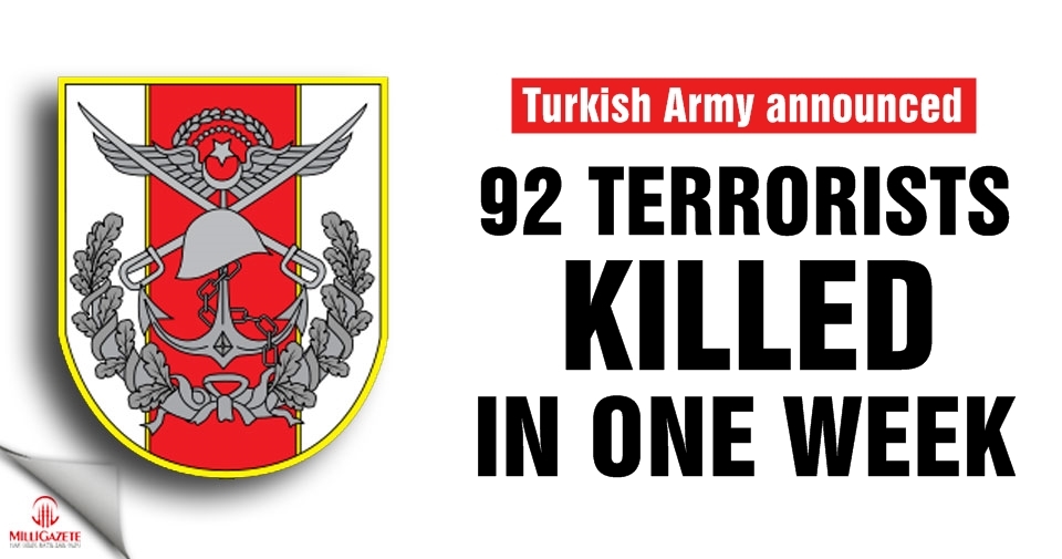 Turkish army says 92 terrorists killed in one week