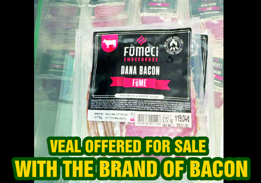 Veal offered for sale with the brand of bacon