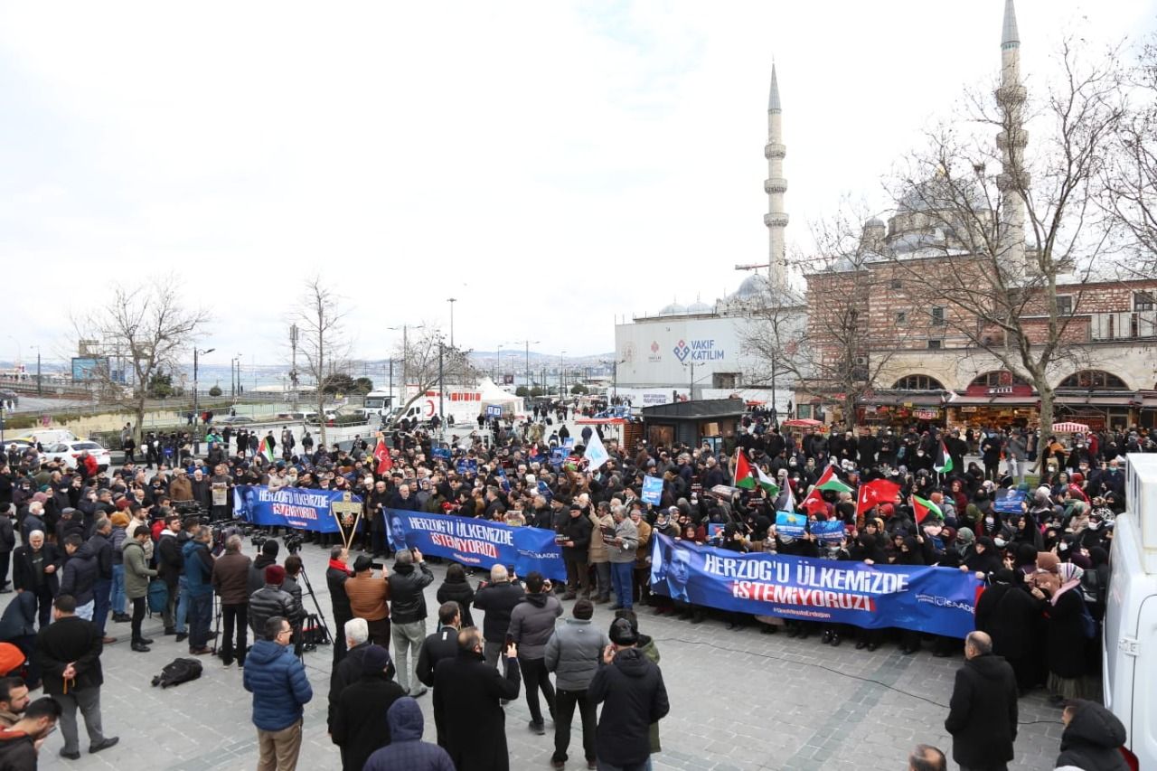 Herzog in Presidential Complex, Palestine lovers in the squares