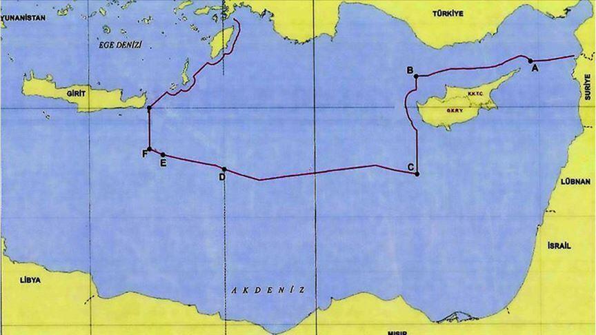 Map delineates Turkey's maritime frontiers in Med Sea
